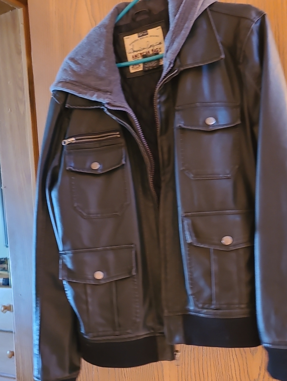 Men's Black Faux Leather Utility Jacket with Removable Hood